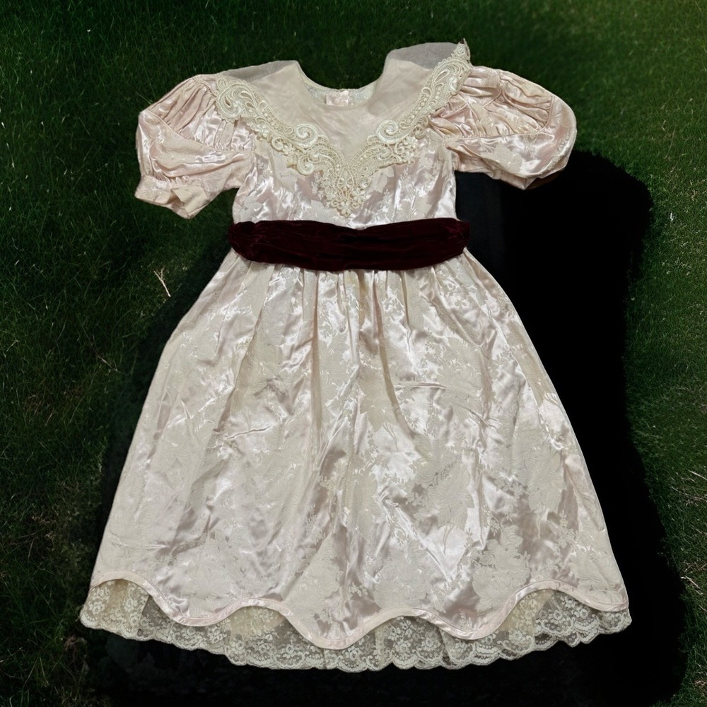 VTG 80 Jinelle Girl's Dress Sz 7 Baby Pink Satin and Lace Bow Ties Formal Party